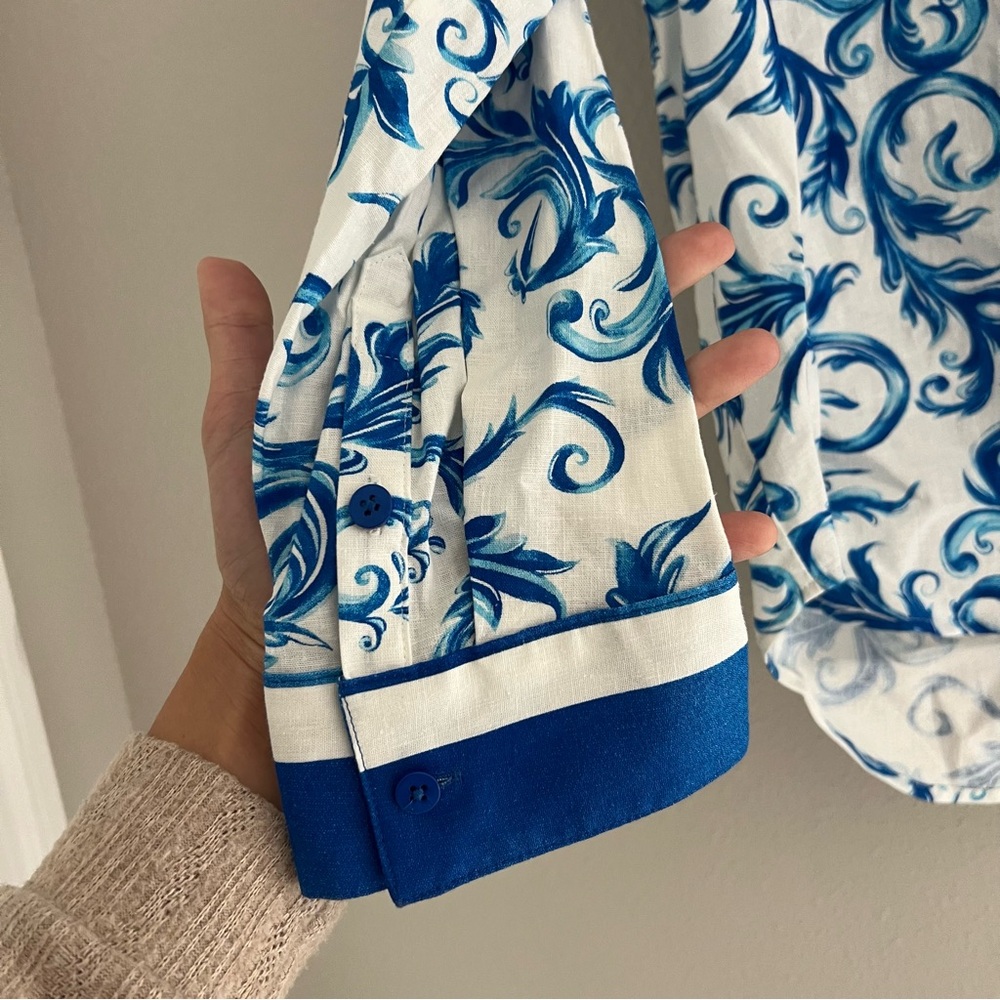 Investment Linen Button Down Shirt Blue White Scroll Print NWT Size L - Picture 5 of 8